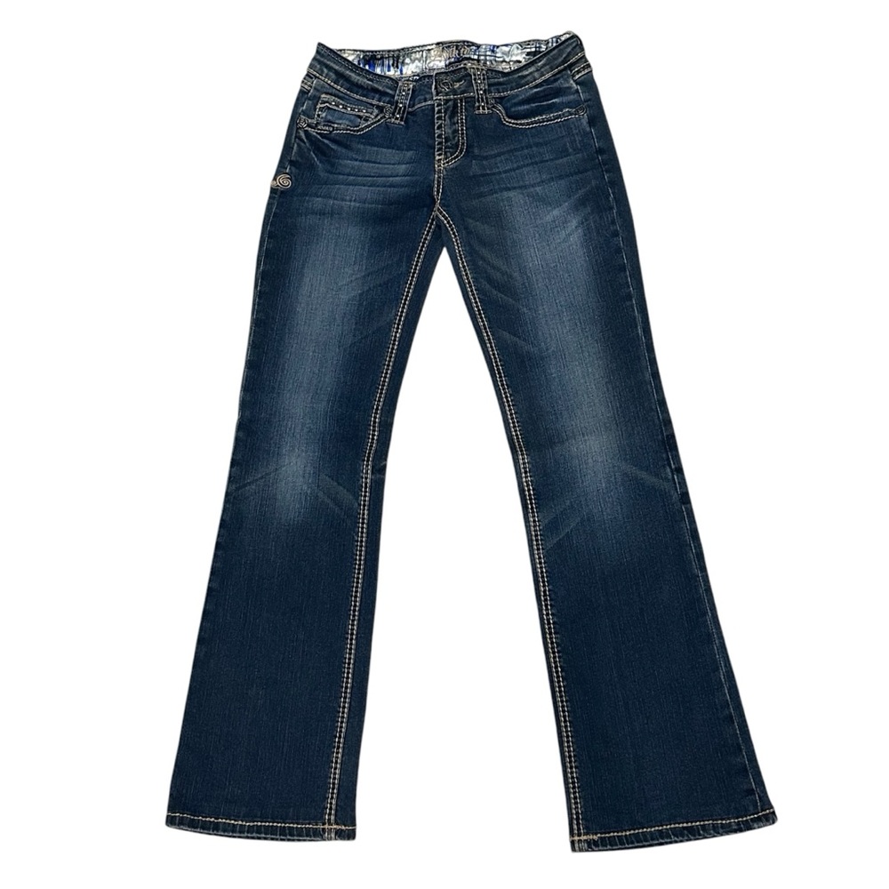 Adiktd Bootcut Jeans Womens Mid Rise Embellished Stretch Blue Denim 2 / W27